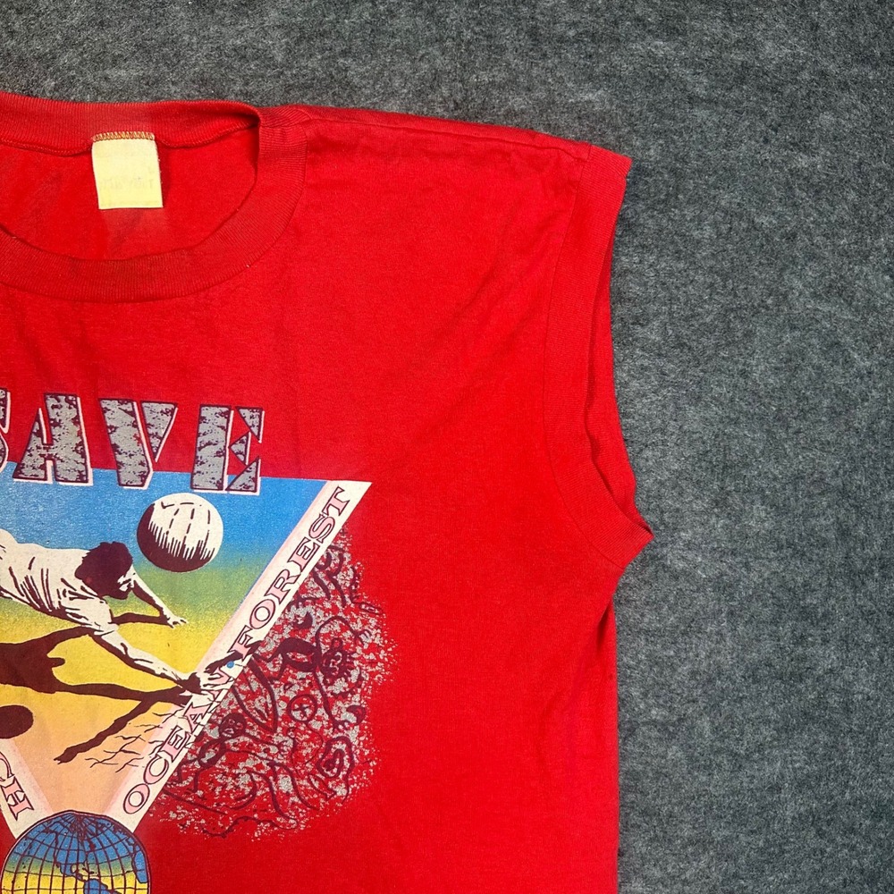 Vintage 80s Save Earth Beach Ocean Forest Muscle Shirt Red Graphic Tee Large - Picture 10 of 15